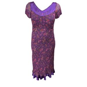 NWT April Cornell Dress purple midi‎ print w liner slip -embroidered satin M L
